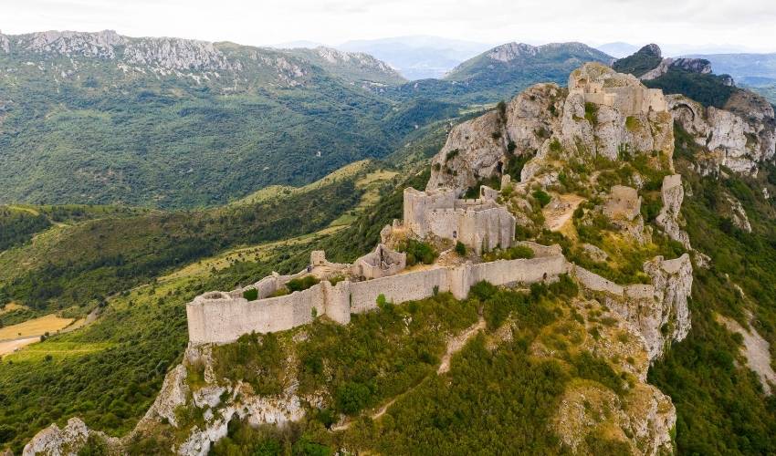 Drone view of Château de Peyrepertuse fortress in southern France