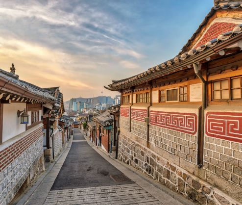 Seoul sunrise skyline view from Bukchon Hanok Village South Korea