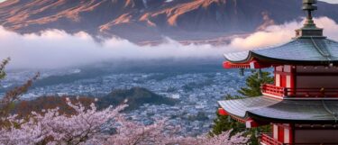 Mount Fuji view with pagoda and cherry blossoms